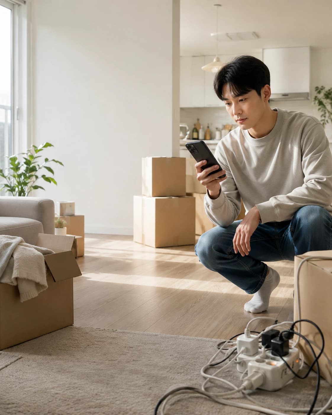 이사한 집에서 스마트폰으로 화재 안전도를 확인하는 모습